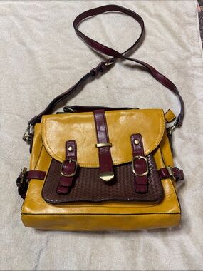 ModCloth Yellow and Burgundy Leather Satchel with Brown Woven Accent